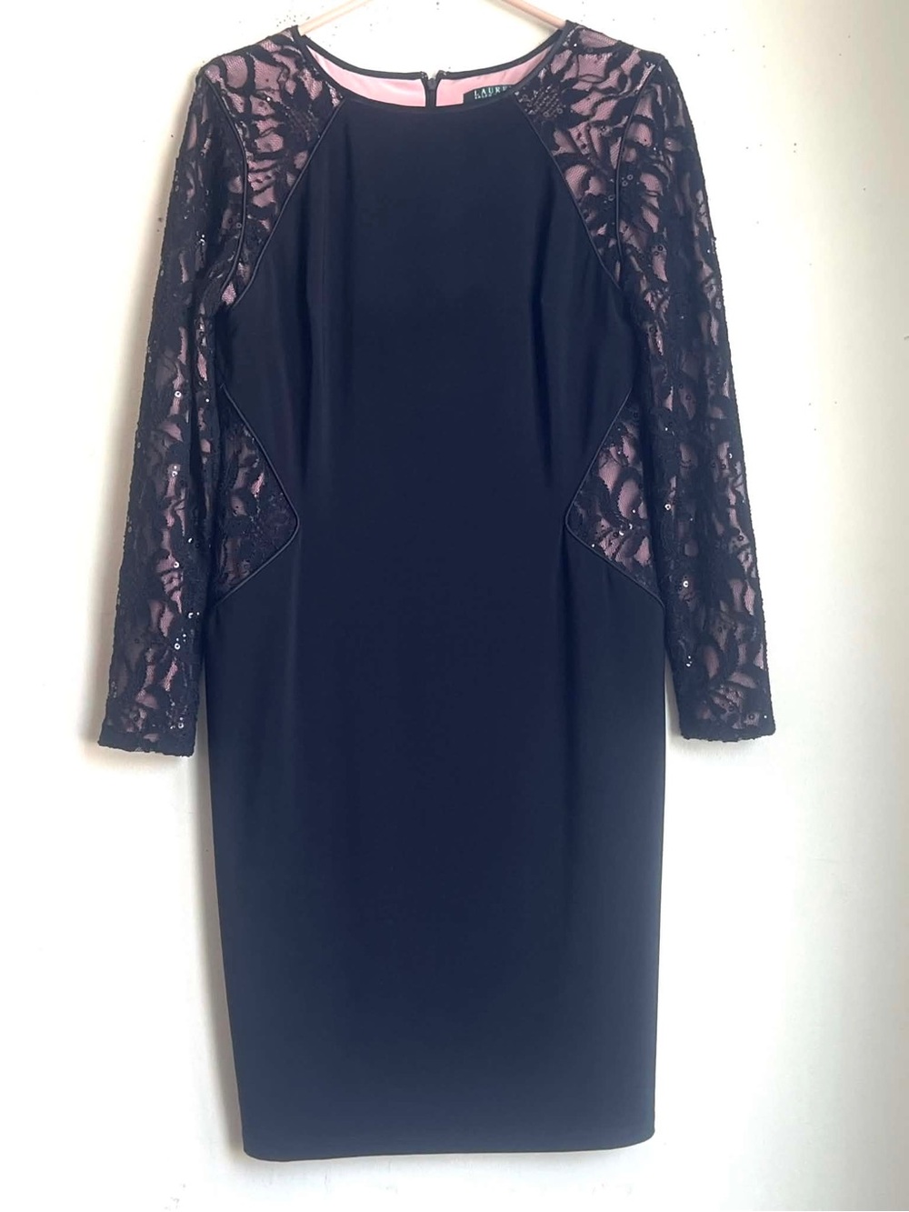 Ralph Lauren Black Sheath Dress with Underlay and Lace Sleeves